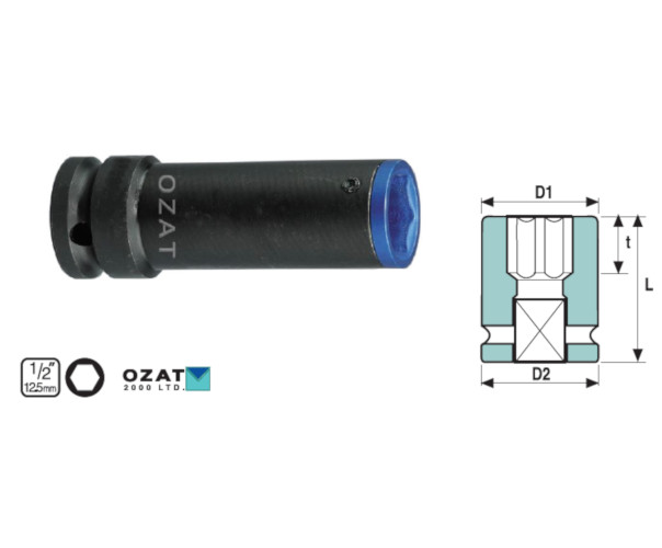 Cap cheie tubulara impact cu profil protectie de aluminiu OZAT 1/2" 6 laturi, lunga 17mm L85mm