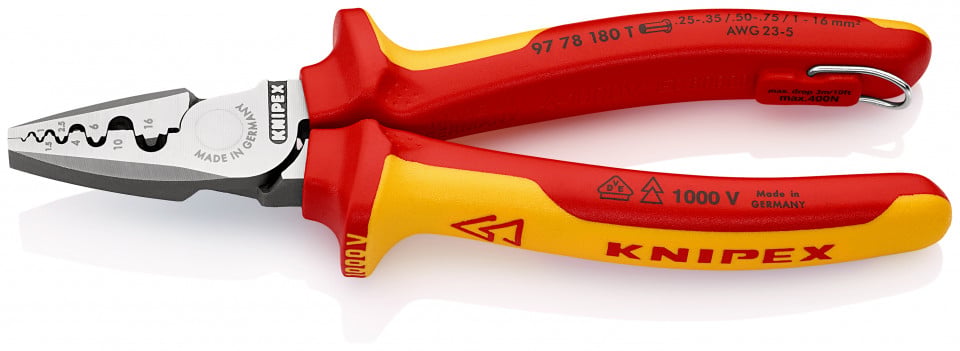 KNIPEX 97 78 180 T clește de sertizare pentru ferule izolat cu manșoane-multicomponent, verificat de VDE, cu cârlig de fixare integrat, izolat, pentru montarea unei siguranțe împotriva căderii 180 mm