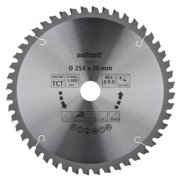 Panza pentru fierastrau circular de masa Wolfcraft 6548000, diametru 254 mm, diametru interior disc 30 mm, latime taiere 3.0 mm, 48 dinti, seria orange.