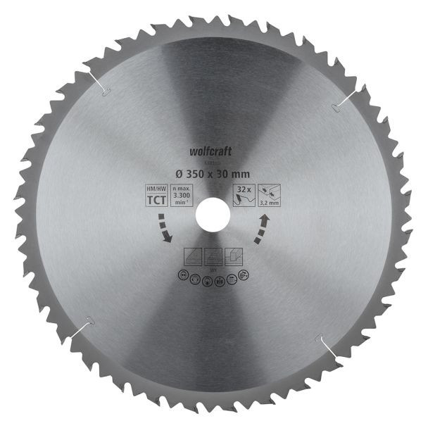 Panza pentru fierastrau circular de masa Wolfcraft 6593000, diametru 350 mm, diametru interior disc 30 mm, latime taiere 3.2 mm, 32 dinti, seria maro.