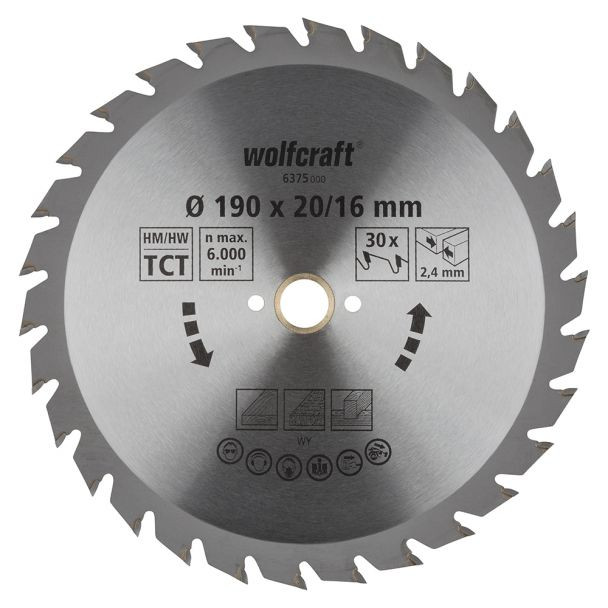 Panza pentru fierastrau circular Wolfcraft 6375000, diametru 190 mm, diametru interior disc 16 mm, latime taiere 2.4 mm, 30 dinti, seria verde.