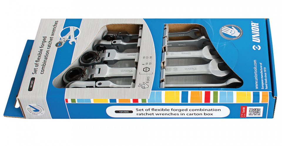 Set de 6 chei articulate combinate Unior din otel forjat cu clichet, in cutie de carton 8 - 19 mm