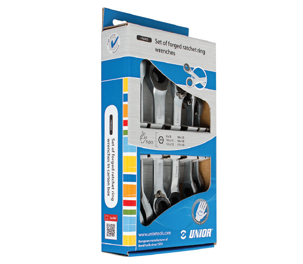 Set de 6 chei forjate inelare cu clichet, in cutie de carton Unior 170/2CS 6-19 mm