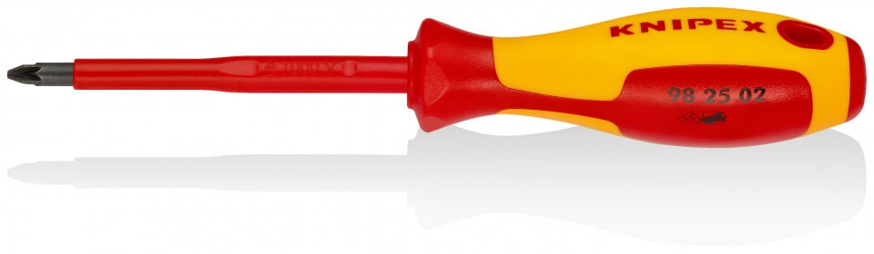 Surubelniță KNIPEX pentru șuruburi cu fantă în cruce Pozidriv® mâner izolator multicomponent, testat de VDE brunat 212 mm