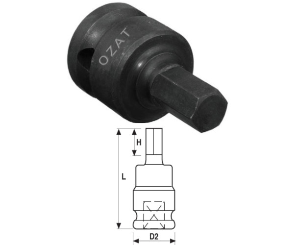 Cap cheie tubulara de impact OZAT 3/4" cu profil hexagon exterior, o piesa, standard 9/16" L62mm