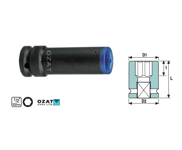Cap cheie tubulara impact cu profil protectie de aluminiu OZAT 1/2" 6 laturi, lunga 19mm L85mm