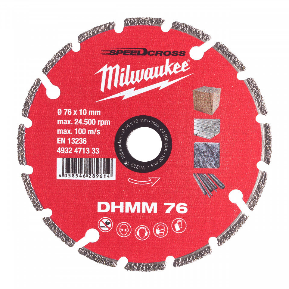 Disc diamantat Milwaukee DHMM 76mm, PVC, granit, plăci ceramice, piatră artificială dură, material compozit, gips-carton, lemn subțire, bare filetate și tablă