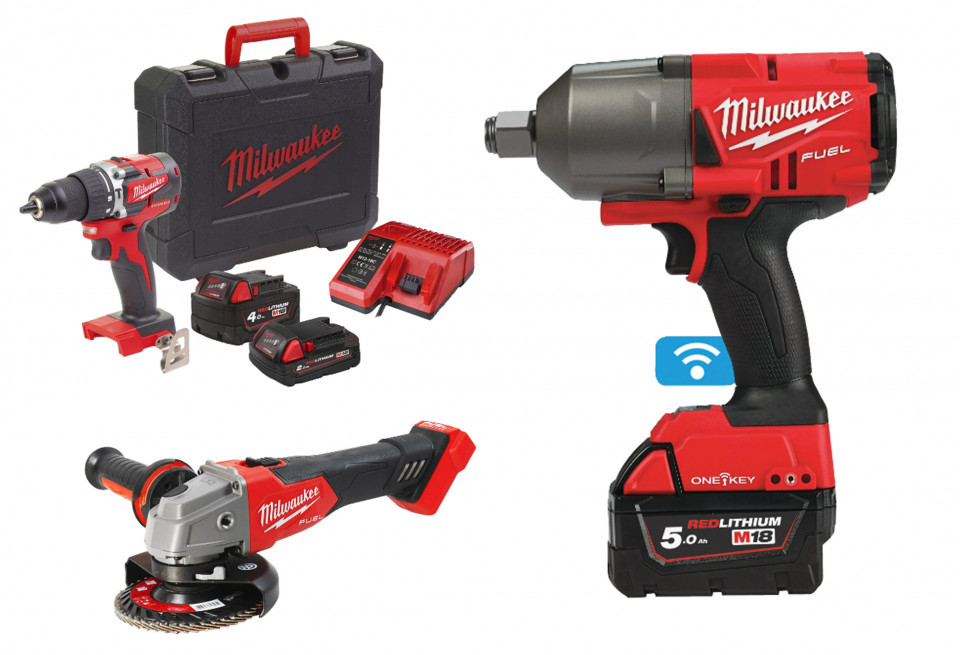 Kit cheie impact 3/4", cuplu 2034 Nm + polizor unghiular 125 mm, + filetanta 60 Nm, 3 acumulatori 2Ah, 4Ah, 5Ah, incarcator.