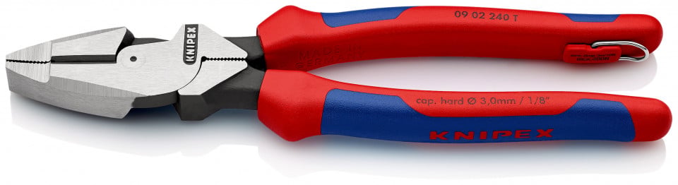 KNIPEX 09 02 240 T Patenti Combi cu parghie mare "Lineman's Pliers" cu cârlig de fixare model american cu manşoane multicomponent, cu cârlig de fixare integrat pentru montarea unei siguranţe împotriva căderii vopsit negru 240 mm