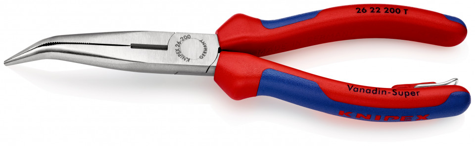 KNIPEX 26 22 200 T Clește plat-rotund cu tăiș (patent cu cioc angular) cu manşoane multicomponent, cu cârlig de fixare integrat pentru montarea unei siguranţe împotriva căderii vopsit negru 200 mm