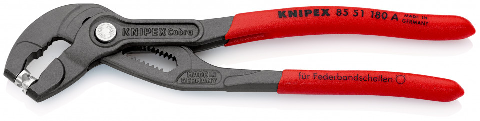 KNIPEX 85 51 180 A Cleşte pentru coliere din bandă elastică acoperit cu material plastic aderent bonderizat în culoarea gri 180 mm