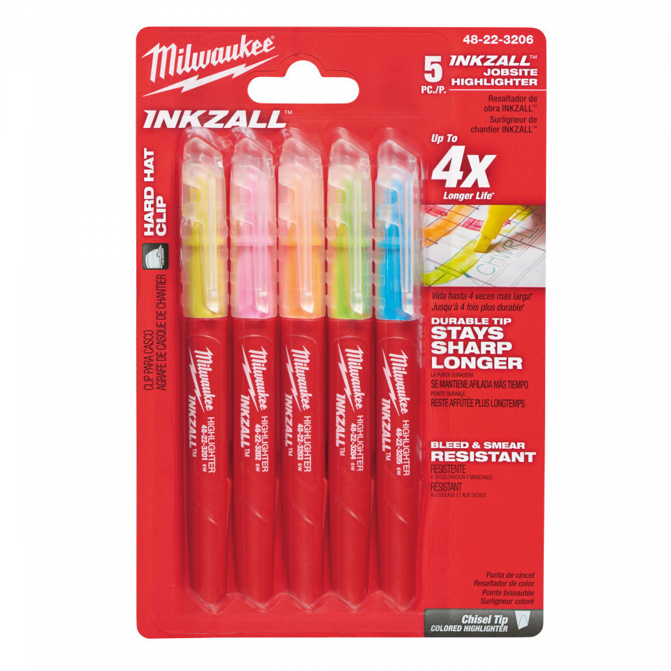 Marker Milwaukee INKZALL diverse culori fosforescente - 5pc, pachet 5 buc