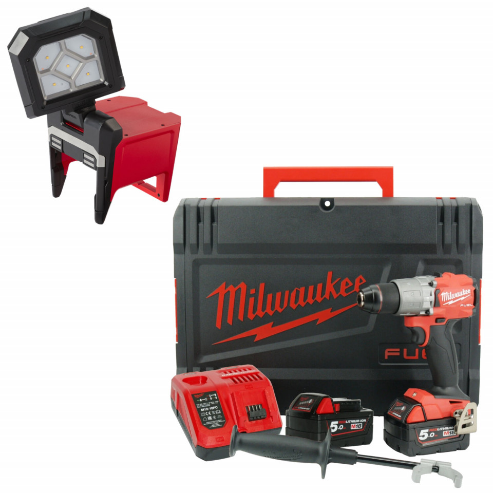 Masina de gaurit si insurubat 135 Nm, 2 acumulatori 5Ah, incarcator, valiza, lanterna 1500 lumeni Milwaukee