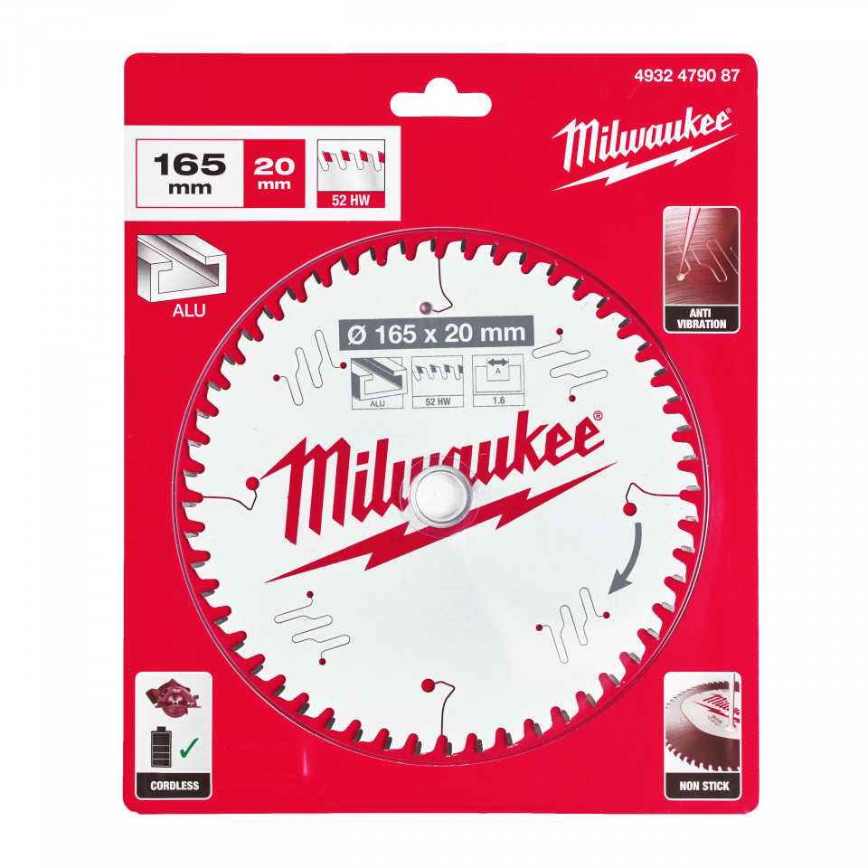 Pânza MILWAUKEE pentru fierăstraie circulare de mână 165X20 mm, Z52, taiere plastic si neferoase