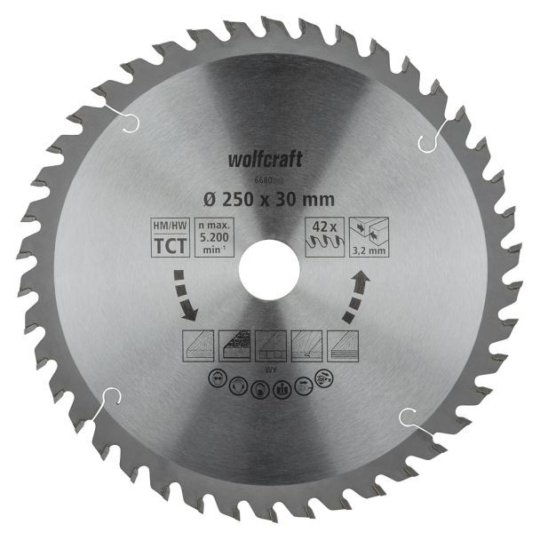 Panza pentru fierastrau circular de masa Wolfcraft 6680000, diametru 250 mm, diametru interior disc 30 mm, latime taiere 3.2 mm, 42 dinti, seria orange.