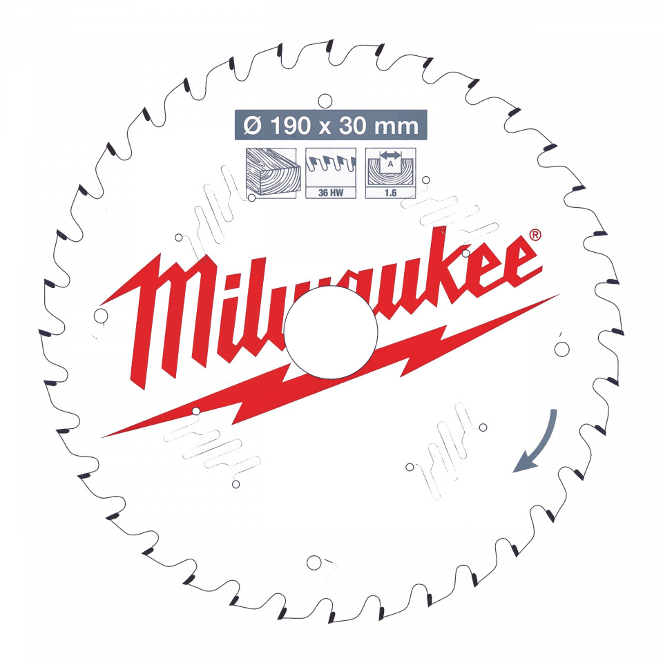 Pânze pentru fierăstraie circulare de mână Milwaukee (Diametru interior disc (mm): 30, Nr. dinți: 36, Diametrul exterior al pânzei (mm): 190, Lățime tăiere (mm): 1.6)