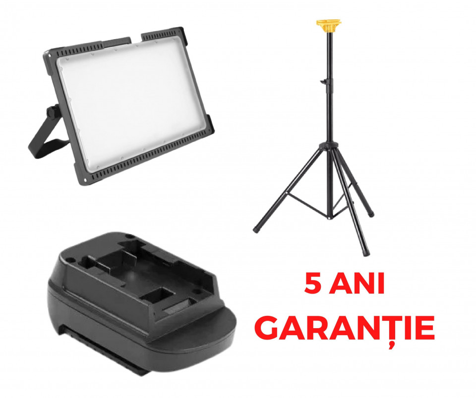 Proiector 9250 lumeni MULTIBATERY L compatibil cu acumulatori 18V Milwaukee sau Dewalt, IP20, IK10, rezistent la impact, adaptor inclus + trepied