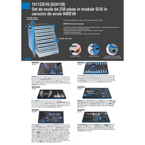 1011DEV6 Set de scule de 238 piese in module SOS in carucior de scule 940EV6 - 624138