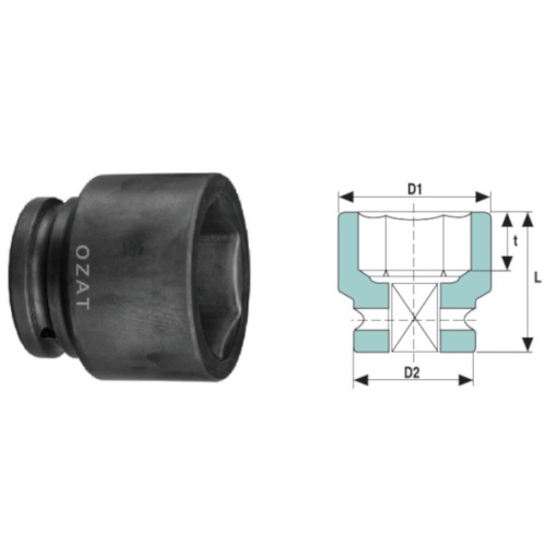 Cap cheie tubulara de impact OZAT 1" 6 laturi, scurt 2 1/8" L76mm