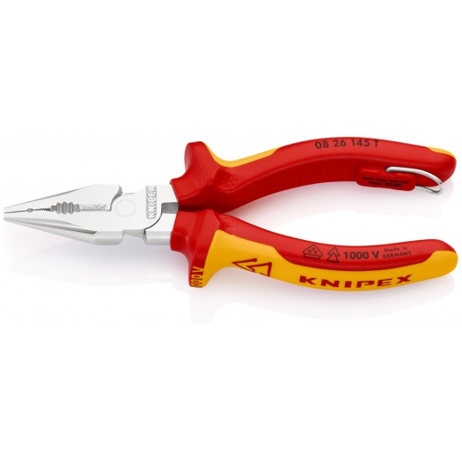 KNIPEX 08 26 145 T Cleşte combinat cu vârf izolat cu manșoane-multicomponent, verificat de VDE, cu cârlig de fixare integrat, izolat, pentru montarea unei siguranțe împotriva căderii cromat 145 mm
