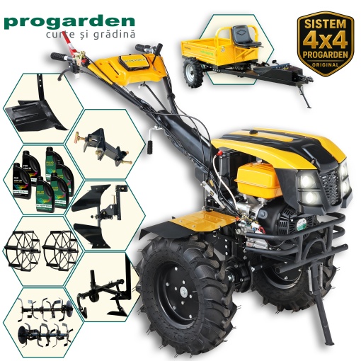 Motocultor ProGARDEN Pachet Campo 1873 Alpine V2 18CP + RM500T Remorca + 2xPlug + Prasitoare + Adaptor + 2xRoti metalice 540x170 + 6L Ulei