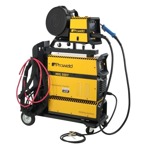 ProWELD MIG 500Y Stație sudură trifazată 500A pentru Oțel, Inox, Aluminiu, Fontă, MIG/MAG sinergic, TIG Lift, MMA + derulator extern, bobină 15kg, LCD dual