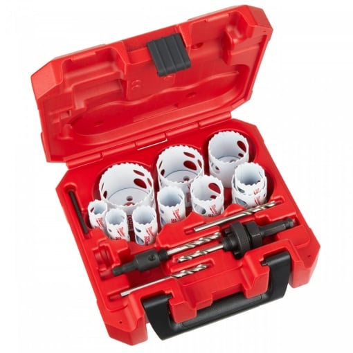 Set 14 buc carote MILWAUKEE Hole Dozer™ [ 10 x carote: ⌀ 19, 22, 25, 29, 32, 35, 38, 44, 51, 57 mm. Tijă de prindere pentru ⌀ 14 -30 mm (49567010). Tijă prindere pentru ⌀ 32 - 152 mm (49569100). 2 x burghie de centrare. Cheie imbus ⅛″ ]