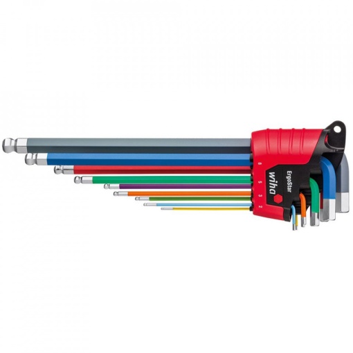 Set chei imbus cromate cu bila, fluorescente, suport ErgoStar, WIHA, 9 piese, 1,5-10 mm
