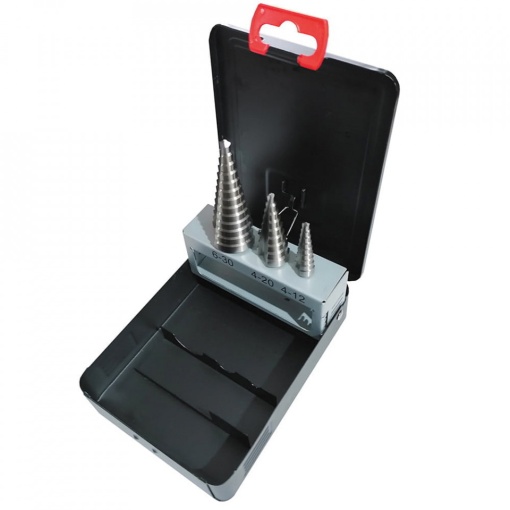 Set trusa burghie in trepte canale drepte HSS Rectificat - 3 piese, Ø4 – Ø12 mm; Ø4 – Ø20 mm; Ø6 – Ø30 mm