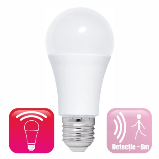 Bec LED cu senzor miscare microunde model glob A60 12W=100W 6400k lumina rece