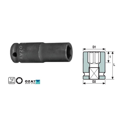 Cap cheie tubulara impact cu profil de protectie OZAT 1/2" 6 laturi, lunga 18mm L78mm