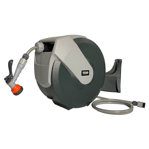 Furtun cu tambur Texas 25m, retractabil, mobil, 1/2", dispozitiv stropit inclus, max 8bar, accesorii fixare
