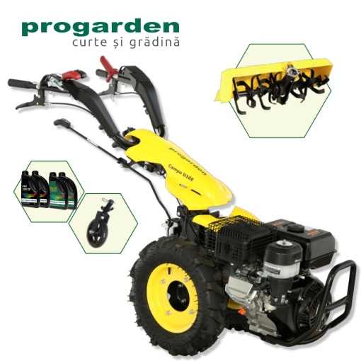 Motocultor ProGARDEN Pachet Campo U16E 14CP + Roata sustinere + Freza tractata FT90 + 4L Ulei