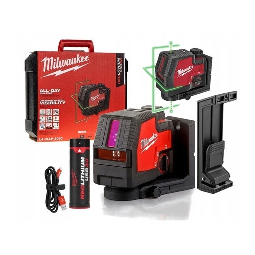 NIVELĂ LASER CU 2 PLANURI CU FASCICUL VERDE, REÎNCĂRCABILĂ REDLITHIUM™ USB L4 CLL-301C