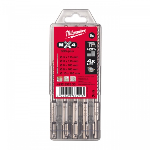 Set 5 burghie beton SDS plus RX4 Milwaukee SDS-Plus MX4 Set [ ⌀5 / 6 x 115 mm, ⌀ 6 / 8 x 165 mm, ⌀10 x 165 mm ]