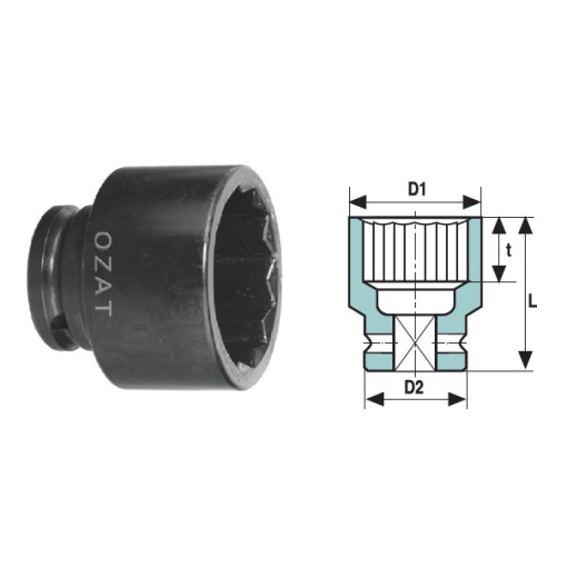 Cap cheie tubulara de impact OZAT 3/4" 12 laturi, scurt 18mm L45mm