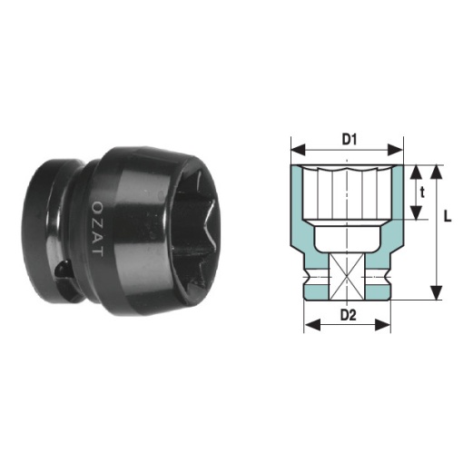 Cap cheie tubulara de impact OZAT 3/4" 8 laturi, scurt 1 1/2" L57mm
