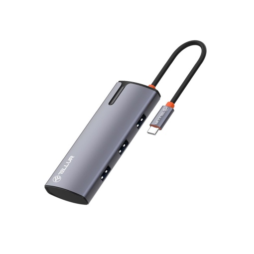 Hub USB-C Tellur, 1xPD 3.0 100W, 1xHDMI 4K, 3xUSB 3.0, aluminiu gri