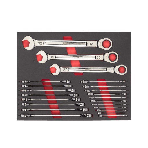 Set 22 bucăți chei combinate cu clichet MAX BITE în inserție spumă 6-32 mm
