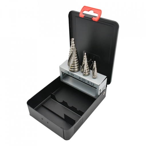 Set Burghie în trepte canale elicoidale - HSS RECTIFICAT- 3 piese, Ø4 – Ø12 mm; Ø4 – Ø20 mm; Ø6 – Ø30 mm