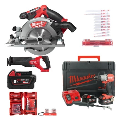 Set fierastrau circular M18 CCS55 + fierastrau sabie M18 FSZ + masina gaurit M18 FPD2 + 3 acumulatori + acesorii