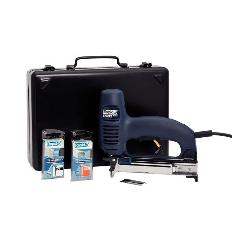 Capsator electric Rapid R553 kit cu servieta metalica pentru tapiterie, reglare forta impact, sistem siguranta tragaci, capse 53 8-20mm, cuie 8 15-20 mm 10642912