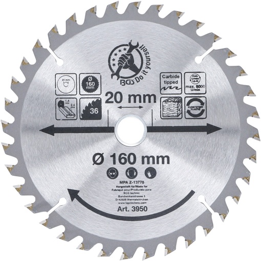 Disc placat BGS pentru circular, 160 x 20 mm, 36 dinti