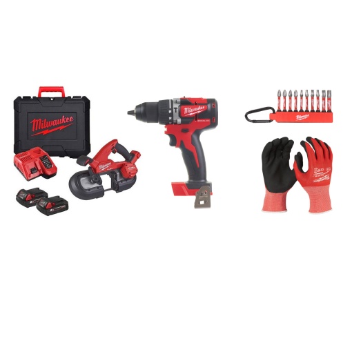 Kit Fierastrau compact cu banda, M18 FBS-202C, 18V + Masina de gaurit 18V, 2 baterii, incarcator, geanta, accesorii