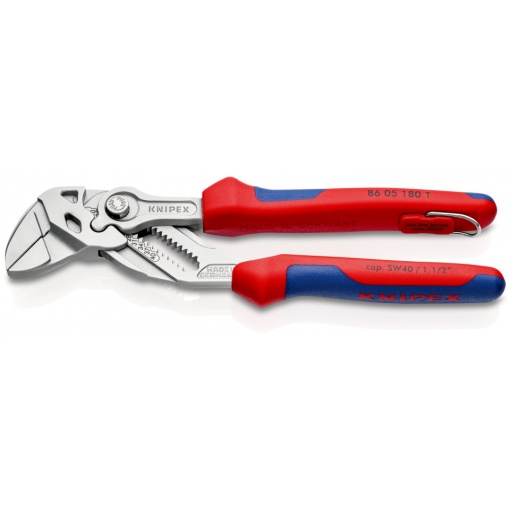 KNIPEX 86 05 180 T Cheie de strângere Cleștele-cheie, clește și cheie într-o singură unealtă cu manşoane multicomponent, cu cârlig de fixare integrat pentru montarea unei siguranţe împotriva căderii cromat 180 mm