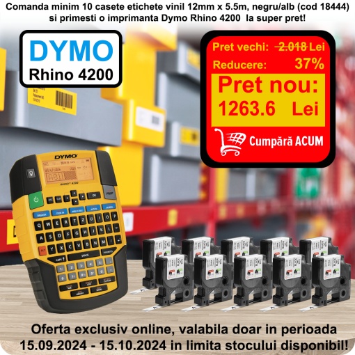 Pachet Promotional 10 casete etichete vinil 18444 negru alb si Dymo Rhino 4200