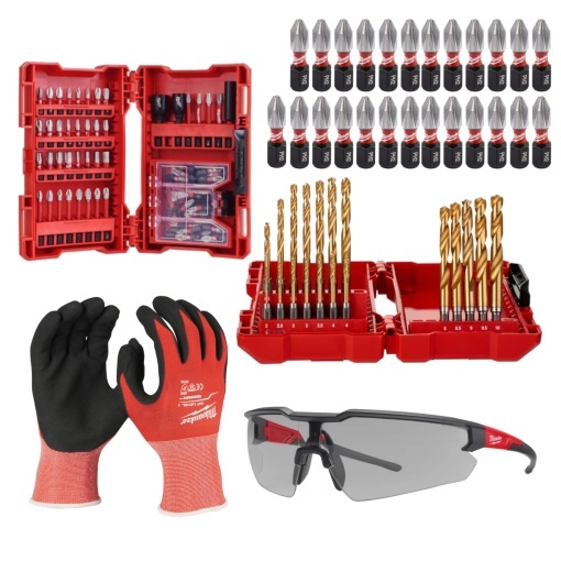 Set 116 piese accesorii insurubare si gaurire lemn, otel, plastic + manusi si ochelari de lucru