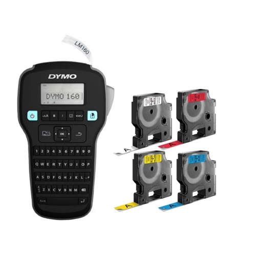 Start kit tricolor DYMO LabelManager 160 aparat etichetat cu 3 x Banda originala DYMO D1 12mm x 7m culori asortate (negru rosu negru galben negru albastru) S0946320 S0720570 S0720580 S0720560