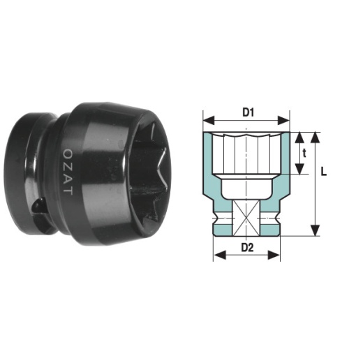Cap cheie tubulara de impact OZAT 1" 8 laturi, scurt 2 1/8" L75mm