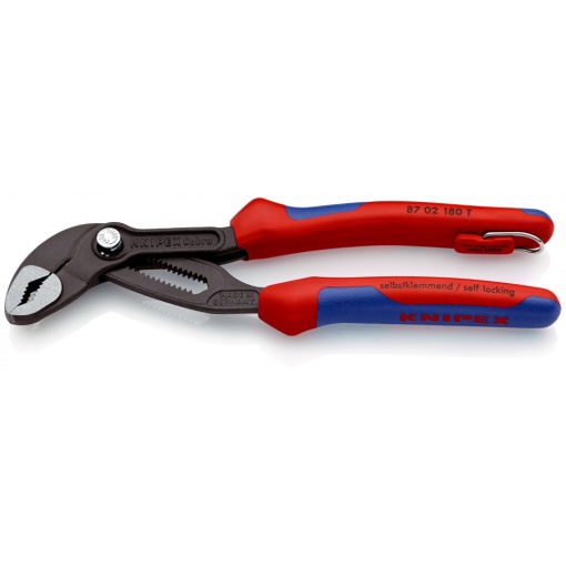 KNIPEX 87 02 180 T Cobra® Clește high tech pentru pompe de apă cu manşoane multicomponent, cu cârlig de fixare integrat pentru montarea unei siguranţe împotriva căderii bonderizat în culoarea gri 180 mm
